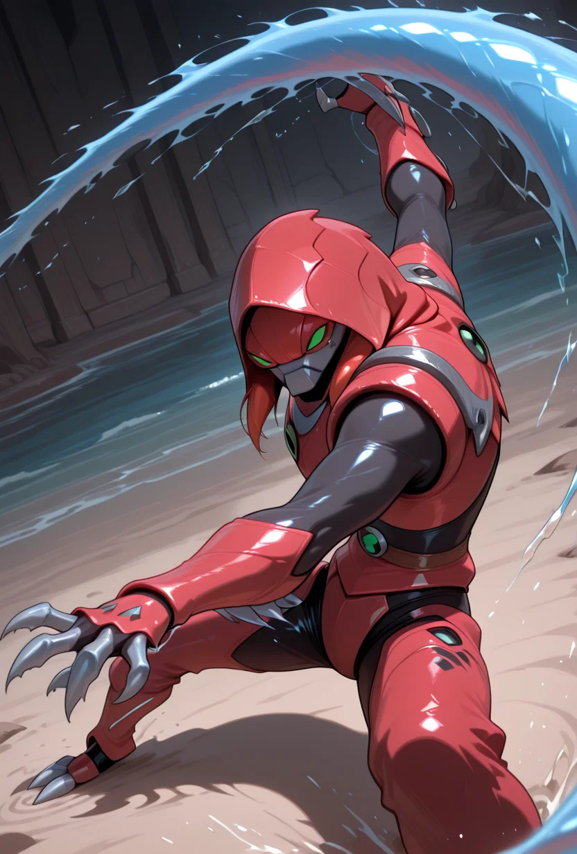 <lora:waterhazard-10:1> waterhazard, solo, red armor, red hood up, , helmet, mecha, alien, claws, green eyes, 1boy, water, <lora:water_whip_magic:1> waterwhip, fighting stance, masterpiece, best quality, amazing quality, very aesthetic, absurdres, newest,