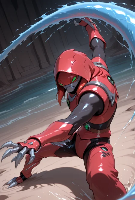 <lora:waterhazard-10:1> waterhazard, solo, red armor, red hood up, , helmet, mecha, alien, claws, green eyes, 1boy, water, <lora:water_whip_magic:1> waterwhip, fighting stance, masterpiece, best quality, amazing quality, very aesthetic, absurdres, newest,