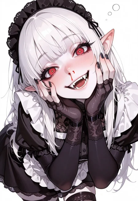 masterpiece, best quality, good quality, very aesthetic, absurdres, newest,
1girl, solo,
white hair,
pointy ears, detailed eyes, crazy eyes, red eye, wide smile, crazy smile, fangs, pale skin, black dress, perspective, dynamic angle, drunk, tired, sleepy, long eyelashes, thick eyelashes, black nails, nosebleed, hands on face, blood dripping from nose,
simple background, bangs, looking at viewer, long hair, head tilt, maid outfit, frilly dress, apron, headband, thighhighs, belted waist, elegant gloves, delicate lace, puffy skirt,
bent over,