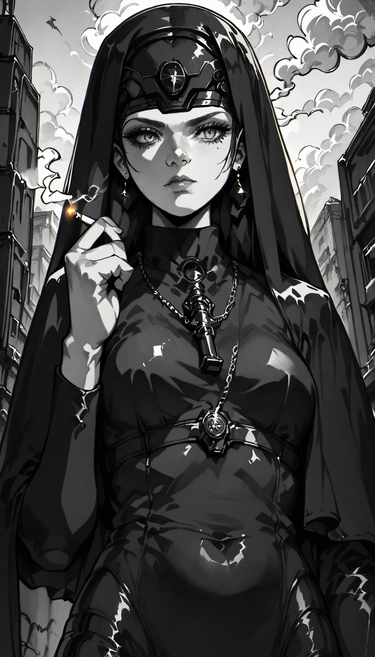 score_9, score_8_up, score_7_up, xenotr1p, monochrome, noir style , orthodox_nun, nun, black cassock, female, medium breast, cigarette, pistol, smoke, low angle, dominant pose, covered head, <lora:ZEL\orthodox_nun_v0.2-000009.safetensors:0.8:1> <lora:ENCHANCE\XL_lora_offset_02.safetensors:0.3:1> <lora:pony_style\Xenotrip_v.2.safetensors:1:1> <lora:ENCHANCE\add-detail-xl.safetensors:0.6:1>