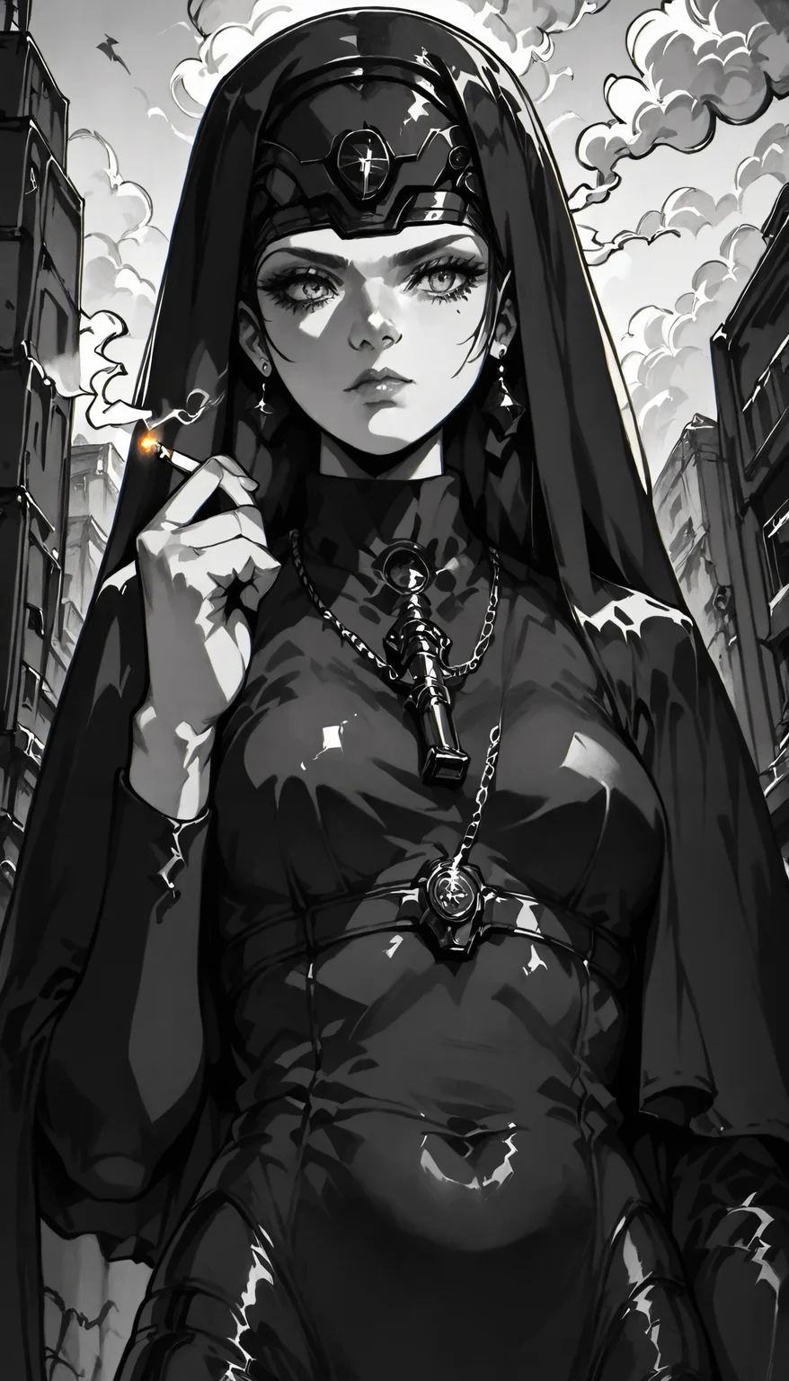 score_9, score_8_up, score_7_up, xenotr1p, monochrome, noir style , orthodox_nun, nun, black cassock, female, medium breast, cigarette, pistol, smoke, low angle, dominant pose, covered head, <lora:ZEL\orthodox_nun_v0.2-000009.safetensors:0.8:1> <lora:ENCHANCE\XL_lora_offset_02.safetensors:0.3:1> <lora:pony_style\Xenotrip_v.2.safetensors:1:1> <lora:ENCHANCE\add-detail-xl.safetensors:0.6:1>