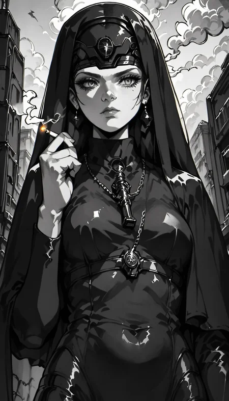 score_9, score_8_up, score_7_up, xenotr1p, monochrome, noir style , orthodox_nun, nun, black cassock, female, medium breast, cigarette, pistol, smoke, low angle, dominant pose, covered head, <lora:ZEL\orthodox_nun_v0.2-000009.safetensors:0.8:1> <lora:ENCHANCE\XL_lora_offset_02.safetensors:0.3:1> <lora:pony_style\Xenotrip_v.2.safetensors:1:1> <lora:ENCHANCE\add-detail-xl.safetensors:0.6:1>