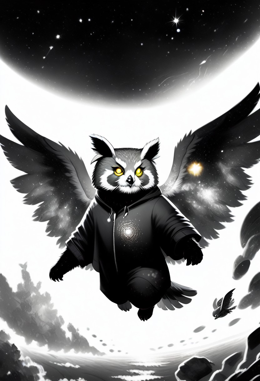 Score_9, Score_8_up, Score_7_up, lora:Navi_Celestial_Skin_PonyXL:1.1 nv-celestialskin, redpandafolk, rabbitfolk, owlfolk, foxfolk, sketch, monochrome, greyscale, YR_GradLight, 0u73r5p4c3, space, planet, nebula, galaxy, asteroid, GalaxyTelepurteSDXL, StarrySkies, scenery, stars (sky), background, night sky, vibrant colored skin, void cosmic body, deep black skin, ethereal silhouette, nebula patterns, animal theme focus, majestic owl