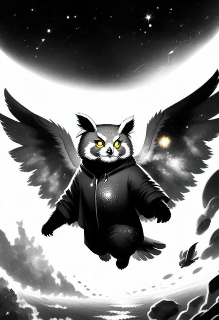 Score_9, Score_8_up, Score_7_up, lora:Navi_Celestial_Skin_PonyXL:1.1 nv-celestialskin, redpandafolk, rabbitfolk, owlfolk, foxfolk, sketch, monochrome, greyscale, YR_GradLight, 0u73r5p4c3, space, planet, nebula, galaxy, asteroid, GalaxyTelepurteSDXL, StarrySkies, scenery, stars (sky), background, night sky, vibrant colored skin, void cosmic body, deep black skin, ethereal silhouette, nebula patterns, animal theme focus, majestic owl
