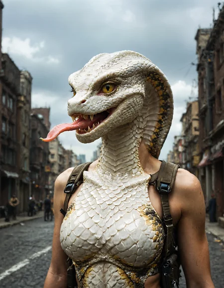 score_9, score_8_up, score_7_up, highly detailed, realistic, fine fabric detail, absurdres, highly-detailed, best quality, masterpiece, very aesthetic, 1girl, solo, v1p3r, monster girl, lamia, snake, scales, white scales, yellow sclera, slit pupils, cowboy shot, looking at viewer, city, vest, large breasts, military, science fiction, weapon, rifle, holding, grey sky, futuristic, scaly hands, claws, upper body, snake tongue, Ornate and Intricate, highly detailed, realistic, fine fabric detail, absurdres, highly-detailed, best quality, masterpiece, very aesthetic, 1girl, solo, v1p3r, monster girl, lamia, snake, scales, white scales, yellow sclera, slit pupils, cowboy shot, looking at viewer, city, vest, large breasts, military, science fiction, weapon, rifle, holding, grey sky, futuristic, scaly hands, claws, upper body, snake tongue, decorative, highly detailed, elaborate, ornate, intricate