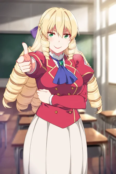 masterpiece, best quality,  absurdres, highres, cinematic light, 1girl,  <lora:grace_auverne:1> grace_wz, blonde hair, long hair, drill hair, drill sidelocks, hair bow, purple bow, lipstick, green eyes, school uniform, red blazer, long skirt, white skirt,  pleated skirt,  blue ascot, puffy sleeves, ringlets, long sleeves, formal clothes, standing, looking at viewer, pointing at viewer, finger gun, evil smile, motion lines, classroom, architecture, elegant, horosuke,