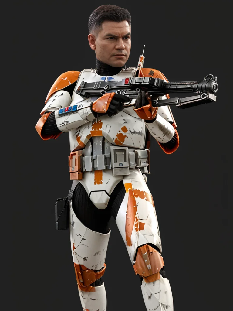 (upper body1.5) shot Star Wars Clone Trooper <lora:CloneTrooper-Prequels:0.8> with orange paint markings holding and aiming a gun, 1boy, weapon, male focus, gun, solo, realistic, helmet removed, rifle, armor, insanely detailed, lifelike, looking at camera, atmospheric, intricate, character photography, 8k, sharp focus, unreal engine 5, volumetric lighting, octane render, vray, character photography, Fujifilm XT3, DSLR, 50mm, ultra-realistic, hyperrealism, authentic star wars atmosphere, masterpiece, trending on artstation
