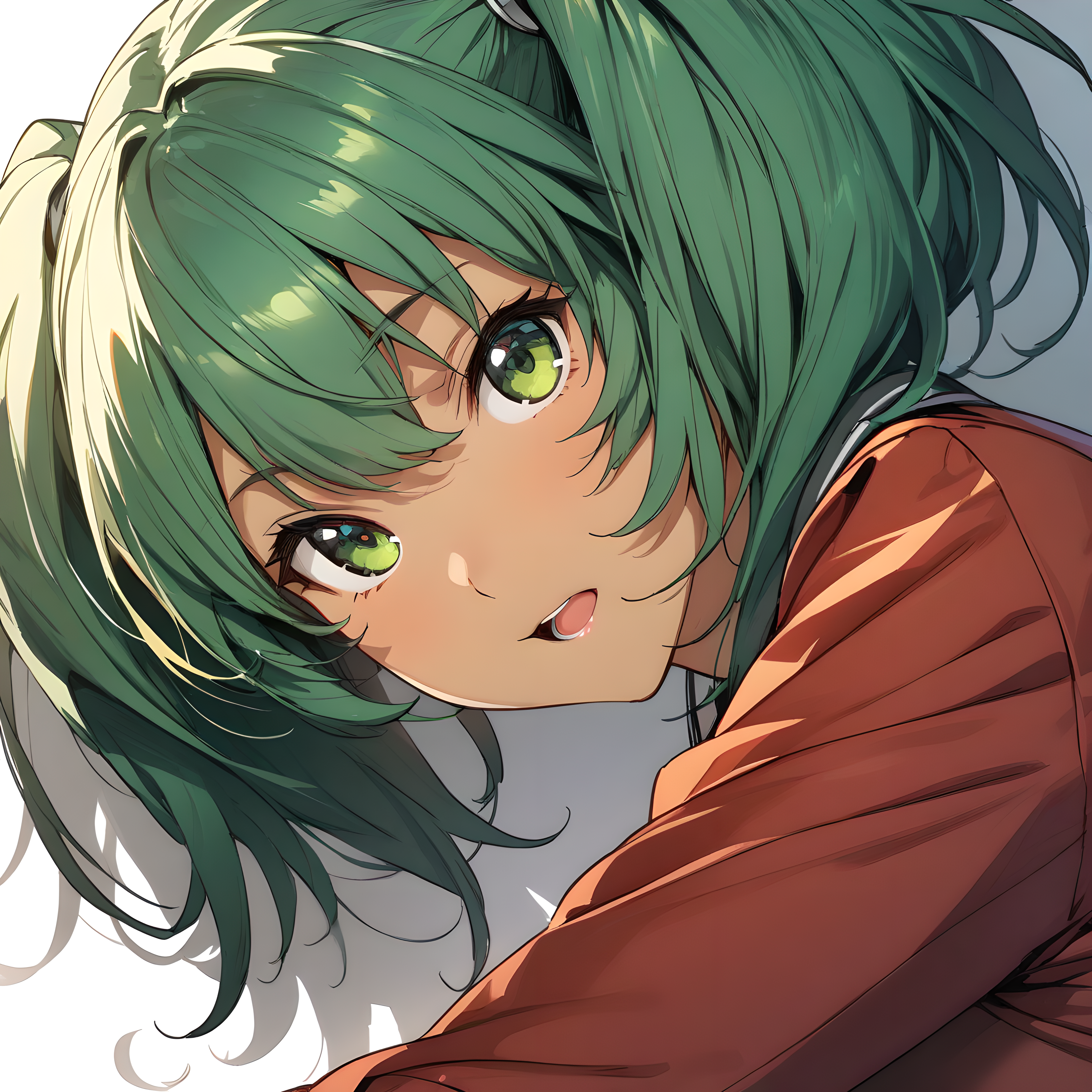 (masterpiece),(best quality),(ultra-detailed),(best illustration),(best shadow),(absurdres),(detailed background),(very aesthetic), ryofu housen, 1girl, solo, skirt, twintails, white background, green eyes, simple background, jacket, pleated skirt, looking at viewer, school uniform, red jacket, green hair, plaid skirt, open mouth, upper body, very close-up, portrait, dark skinned, <lora:XL-RyofuHousen:1>