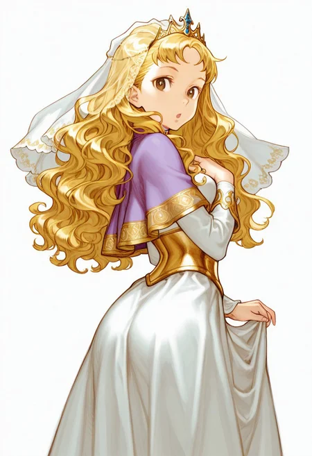 masterpiece, best quality, very aesthetic, absurdres, 
1girl, cowboy_shot, solo, vanillaware, princess, brown_eyes, blonde_hair, long_hair, wavy_hair, curly_hair, parted_bangs, tiara, veil, head_chain, cauls, purple_capelet, gold_trim, white_dress, long_dress, long_sleeves, standing, looking_at_viewer, looking_back, skirt_hold, from_side, from_behind, hand_up, hand_on_own_chest, :o, simple_background, white_background, 
NishimuraXL,