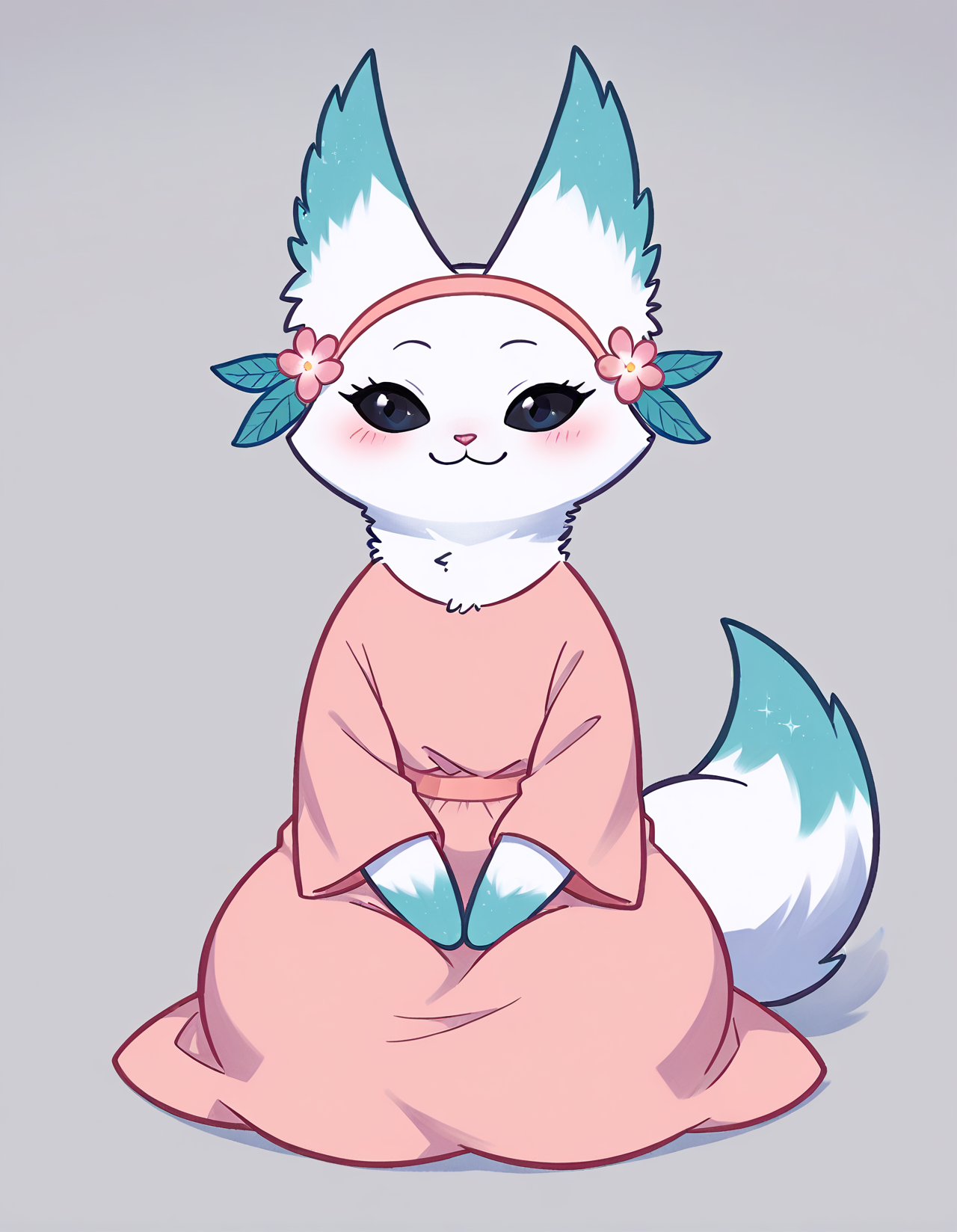 score_9, score_8_up, score_7_up, source_furry,1girl, furry female,  Minto, white fur, black sclera, black eyes, pink nose, tail, turquoise edges at the ears dress, hairband, long dress, long sleeves, looking at viewer, looking to the side,robe, seiza, simple background, sitting, solo, white background<lora:Minto_XL:0.9>