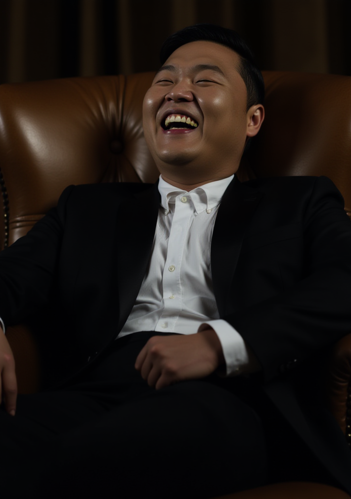 A professionally shot photograph of man in a tuxedo reclining on a luxurious armchair. He is laughing hard and trying to catch his breath