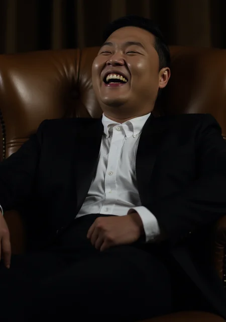A professionally shot photograph of man in a tuxedo reclining on a luxurious armchair. He is laughing hard and trying to catch his breath