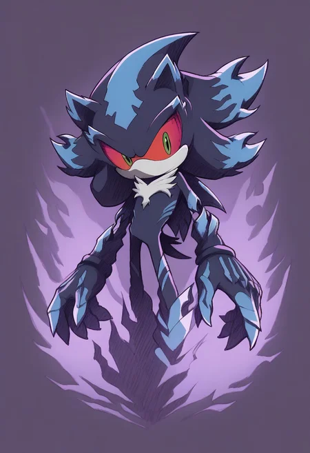 score_9, score_8_up, score_7_up, (best quality), ultra-detailed, high resolution, 8k, Mephiles The Dark, dark blue skin, light blue quills, light blue chest fur, reddish-pink sclera, lime green pupils, claws, dark blue-gray claws, purple mist, high quality, masterpiece, BREAK outside, Rich, Detailed background, ambient light