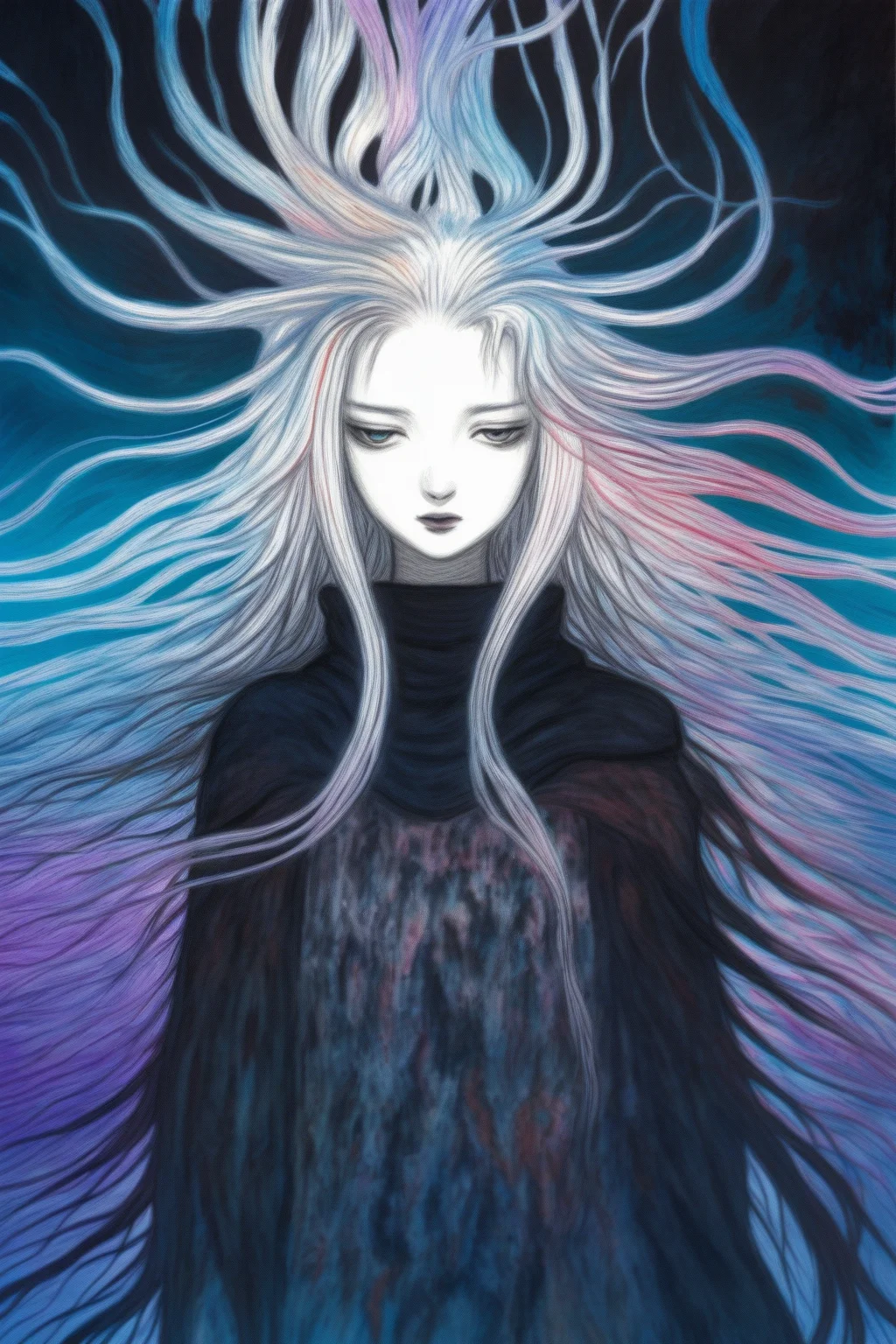 amano yoshitaka, 1girl, (dark dim dramatic atmosphere)+ 8k portrait of a girl with super long aurora hair, hair dissolving+ into bright stars, in drip modern clothing, intricate, highly detailed, digital painting, smooth, sharp focus, illustration, ((masterpiece)) <lora:amano_yoshitaka_xl:1>