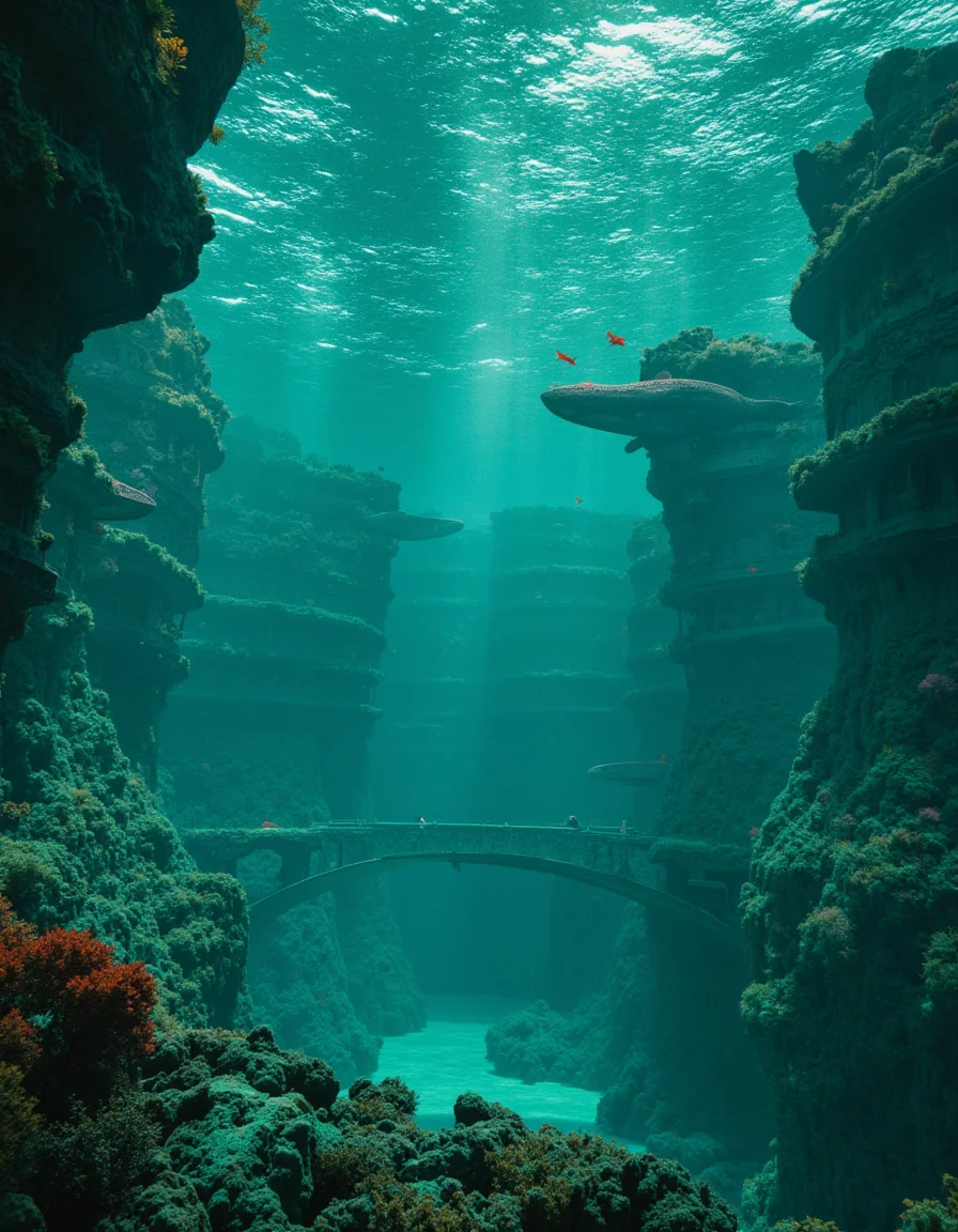 touch of verdigris style photograph, an advanced underwater city teeming with aquatic life and bioluminescent structures, a harmonious blend of oceanic beauty and technological marvels, the enchanting style
