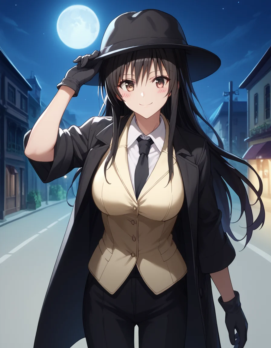 score_9, score_8_up, score_7_up, source_anime, <lora:yui-kotegawa-darkness-ponyxl-lora-nochekaiser:1>, yui kotegawa, black hair, brown eyes, long hair, large breasts, <lora:fedora-ponyxl-lora-nochekaiser:1>, fedora, hat, mob hat, black hat,, outdoors, night, moon, street, bolo tie, trench coat, hand on headwear, collar, gloves, necktie, pants, suit, looking at viewer, smile, blush, black coat, white vest,, solo, dutch angle, cowboy shot,