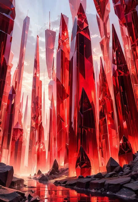 a group of red crystal towers built in vertiginous shapes. In the distance, a woman in a red.