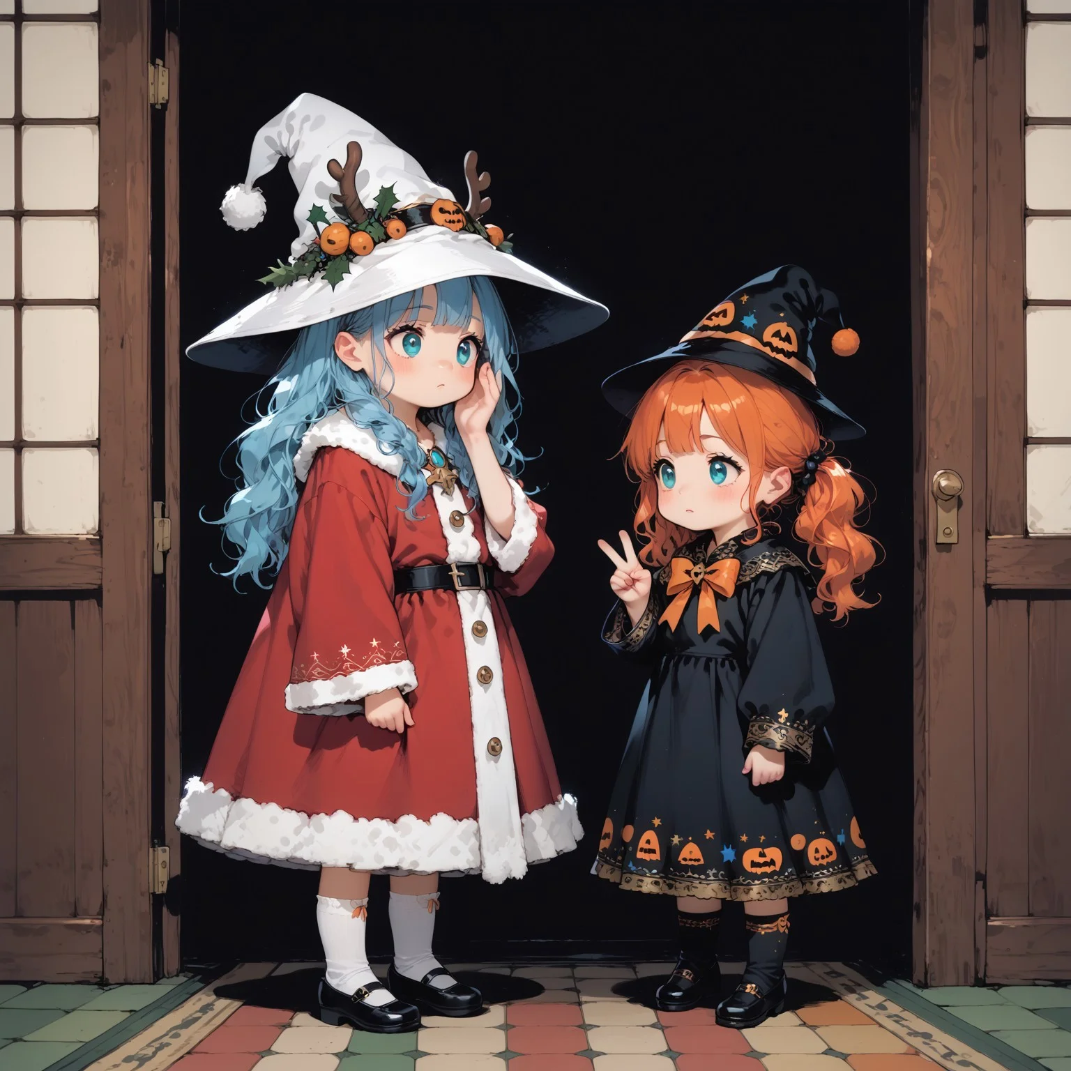 score_9, score_8_up, score_7_up, extremely high resolution, extremely detailed, 4k, source_anime, (((2girls))),looking at each other, girla and girlb, (ultra HD quality details), anime, slightly chibi, BREAK, girla, on the left, witch costume, witch hat, covering face, BREAK
,girlb, on the right, santa claus costume, confused, BREAK, (detailed image, high resolution, 5k resolution:1.0), trick or treat, veranda, at the door, holding bags, halloween aesthetics, evening, d4rkpurp, handfixer