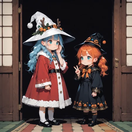 score_9, score_8_up, score_7_up, extremely high resolution, extremely detailed, 4k, source_anime, (((2girls))),looking at each other, girla and girlb, (ultra HD quality details), anime, slightly chibi, BREAK, girla, on the left, witch costume, witch hat, covering face, BREAK
,girlb, on the right, santa claus costume, confused, BREAK, (detailed image, high resolution, 5k resolution:1.0), trick or treat, veranda, at the door, holding bags, halloween aesthetics, evening, d4rkpurp, handfixer