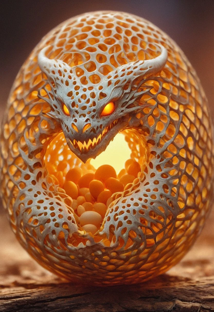 frontview, close-up shot, nature, alive, live, grin,
dragon, (dragon shape:1.33), gyroid, (lattice structure), (depth of field:1.22), sci-fi, (matte painting), fire, (eldritch:1.11), intricate, detail, made of egg, made of egg_shell, yolk,