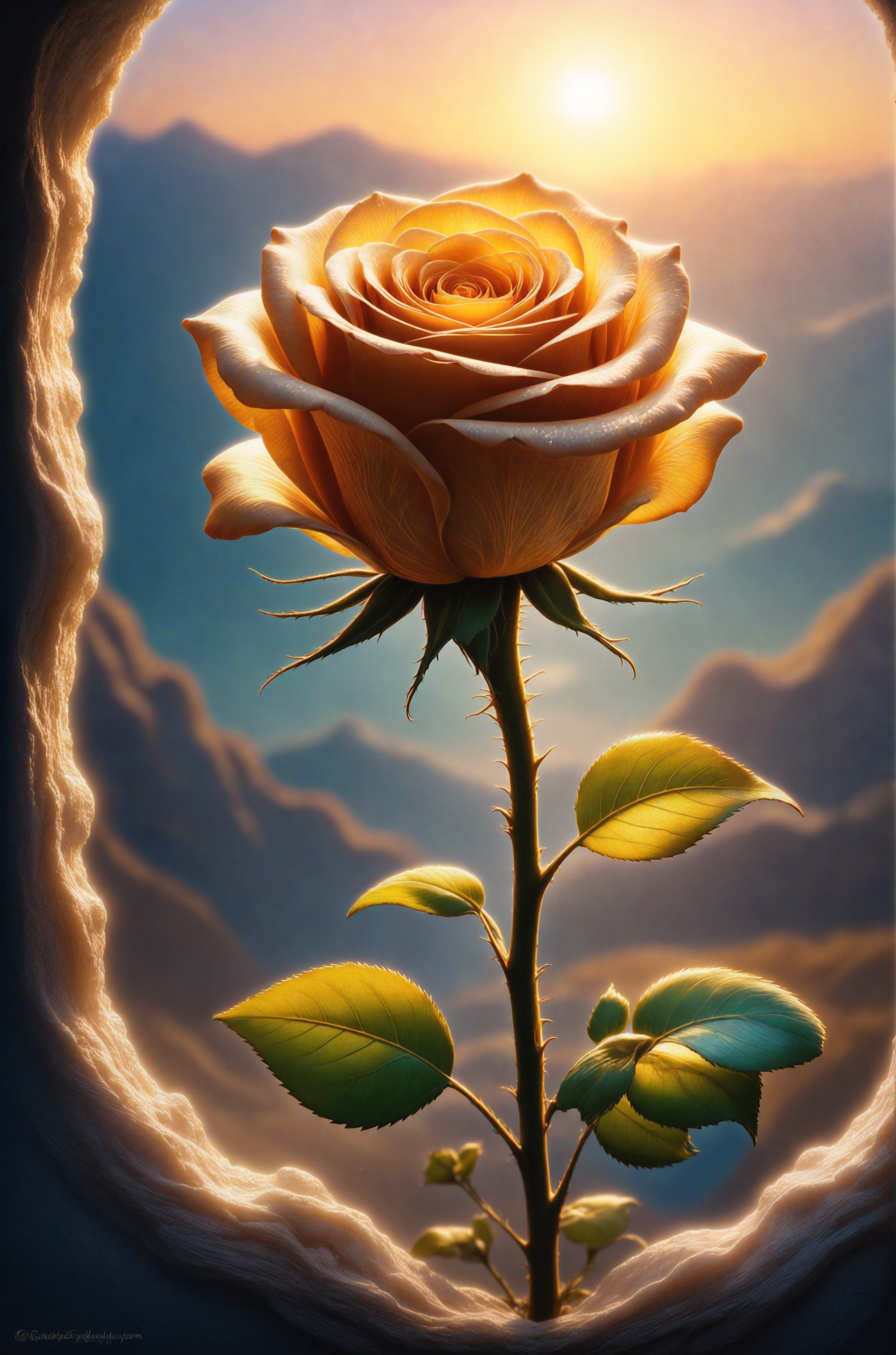 Dreamscape realistic breathtaking, a lonely beautiful rose fossil rose made of amber, atmospheric, sparkly, incredible, dreamy, magical, backlit, award winning, intricate details, ultra details, realistic, professional, highly detailed, super sharp, close up, fantastical, enchanting, storybook style, golden hour light . Surreal, ethereal, dreamy, mysterious, fantasy, highly detailed