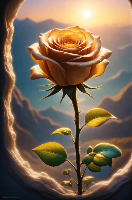 Dreamscape realistic breathtaking, a lonely beautiful rose fossil rose made of amber, atmospheric, sparkly, incredible, dreamy, magical, backlit, award winning, intricate details, ultra details, realistic, professional, highly detailed, super sharp, close up, fantastical, enchanting, storybook style, golden hour light . Surreal, ethereal, dreamy, mysterious, fantasy, highly detailed