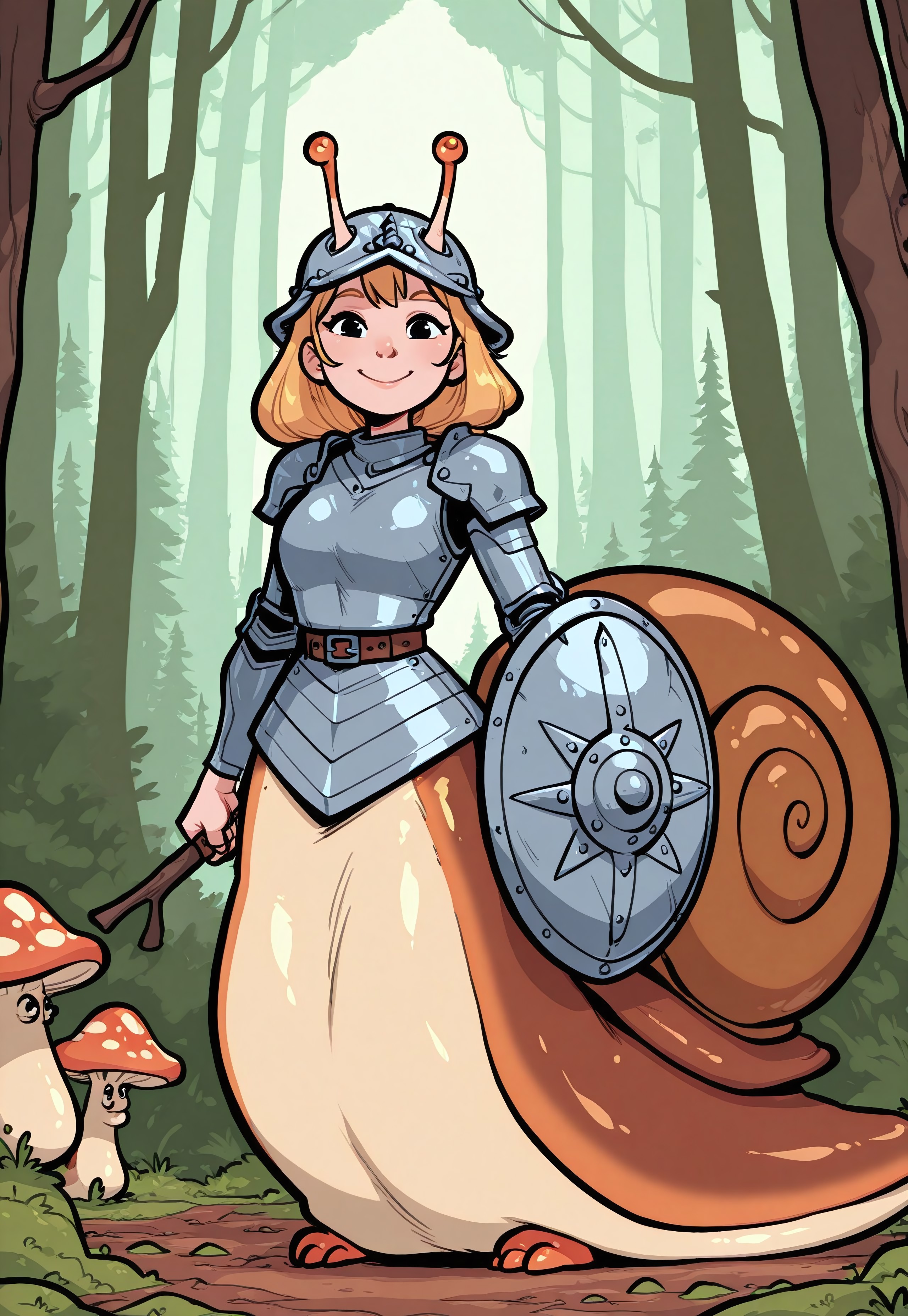 masterpiece, highly detailed scene, intricate details, dynamic composition, cowboy shot, outside, side profile, turning to viewer, 1girl, solo, snailshellai, snailtaur, snail_girl, in full metal armor, smile, long blonde hair, plumed helmet, holding shield, on the mossy ground, background a large mushroom forest castle, bridgetoon 