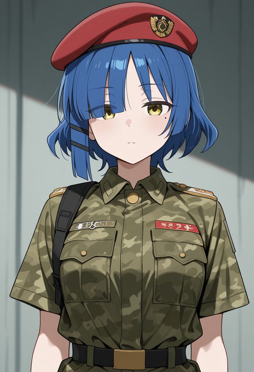 1girl, yamada ryo, bocchi the rock!, military uniform fabric with a strong green-dominant camouflage pattern. Deep green as the primary color, with subtle brown and black irregular stripes creating a classic jungle loreng effect. Focus only on the camouflage pattern and fabric texture, avoiding any human features. High detail, crisp shading, and smooth fabric folds, short sleeves, Red military beret, dumb face, looking at viewer, upper body, mole under left eye,
masterpiece, best quality, amazing quality, newest, absurdres, highres, high detailed, masterpiece, best quality, amazing quality, newest, absurdres, highres, high detailed