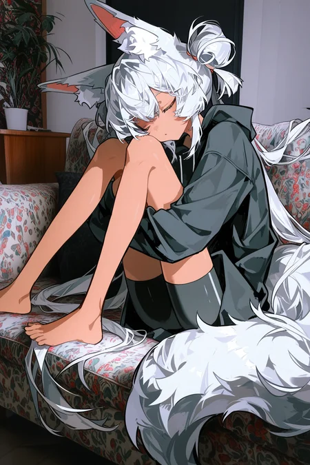 1girl, aokamei, (rella:0.8), dino \(dinoartforame\), soresaki, (quasarcake:0.6), solo, silver hair, long hair, fox ears, cute, fluffy tail, quad tails, (robe:1.1), tan, black hoodie, bike shorts, big tail, holding legs, sitting, sleeping, couch, living room, photo background, best quality, masterpiece, very awa, absurdres