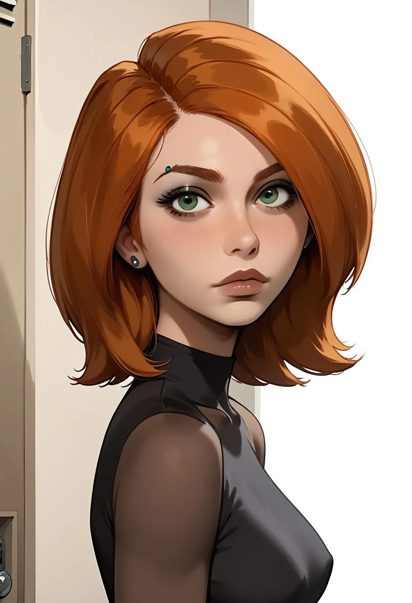 score_9, score_8, score_7, score_8_up, 1girl, bonnie and kim possible, (1petite, Kim Possible), Expressiveh, redhead, small neck, solo, freckles, (long hair, green eyes), smooth hair, medium hair, long eyelashes, collarbone, side view, jewelry, piercings, close up view, (looking at viewer), close up view, in a school, light blue lockers, cheerleader top, (sideboob, medium breasts, (goth emo clothing, tight clothes)),