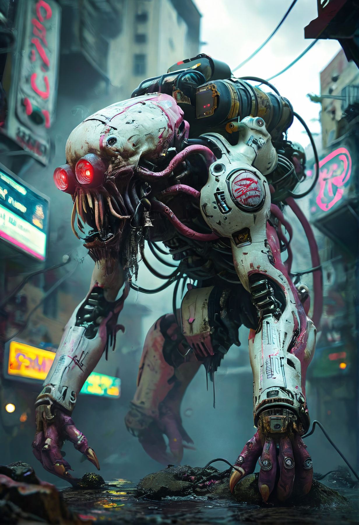 scifi, cyberpunk, white kraken bot, Ezra Petronio, wide angle shot, <lora:OnceHuman:0.4>, <lora:Illustration_Insanity:1>