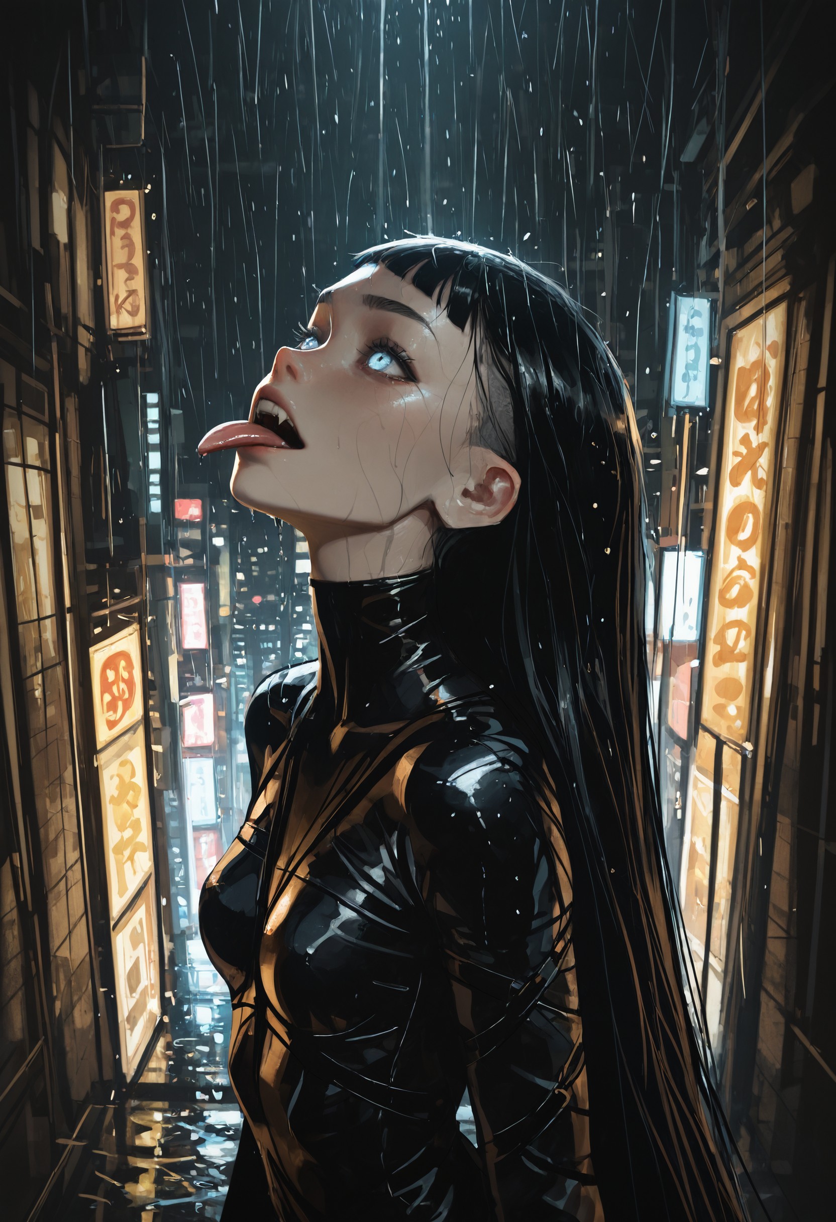 smgy2, 1girl, solo, vampire, fangs, pale_skin, parted_lips, absurdly_long_hair, (shaved head:1.4), (undercut:1.3), (blunt_bangs:1.3), (black_hair), (blue_eyes), glowing_eyes, black_bodysuit, (leather_strap), small_breasts, pointy_breasts, (dressed), wet skin, wet hair, raindrops, upper_body, moonlight, night time, raining, outdoors, cityscape, dramatic lighting, dim_lighting, low-key_lighting, raindrops, looking_up, from_side, three-quarter_view, tongue, tongue_out, long_tongue, (unaware), outdoors, perspective, scenery, masterpiece, best quality, amazing quality, best resolution, incredibly absurdres, 4k, latest, <lora:b0aac5e5-3a20-4884-83b0-1b95c70e6b79:0.9>