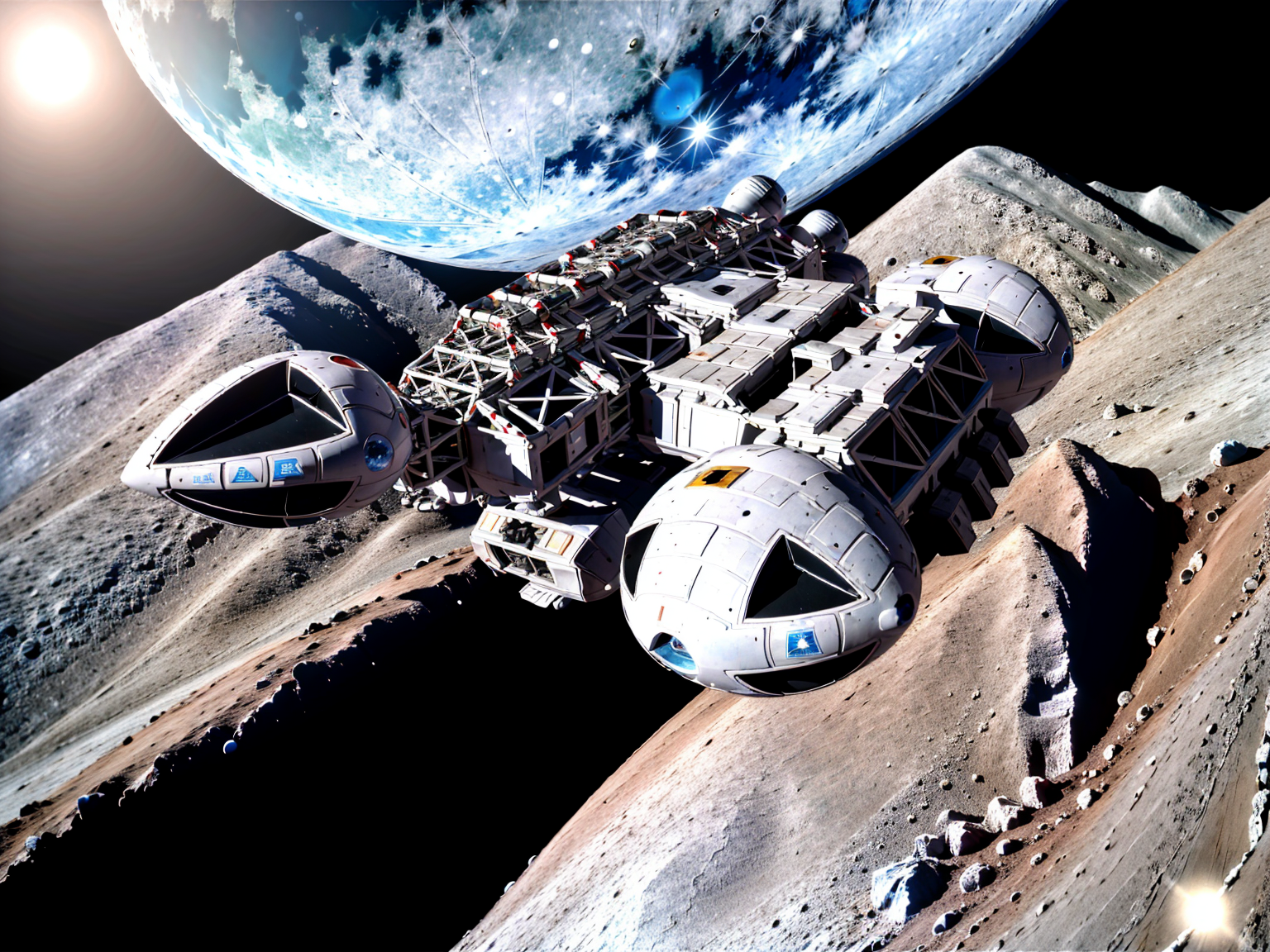 (Realistic:1.5) (masterpiece) EdobSpace1999Eagle, military, no humans, black background, machinery, spot color, science fiction, military vehicle, cable, vehicle focus, space background, no humans, moon, star (sky), lens flare, science fiction, sun, retro artstyle, space, planet, earth (planet), spacecraft, concept art, (view from rear:1.5), <lora:EdobSpace1999Eagle_v1.0:1>