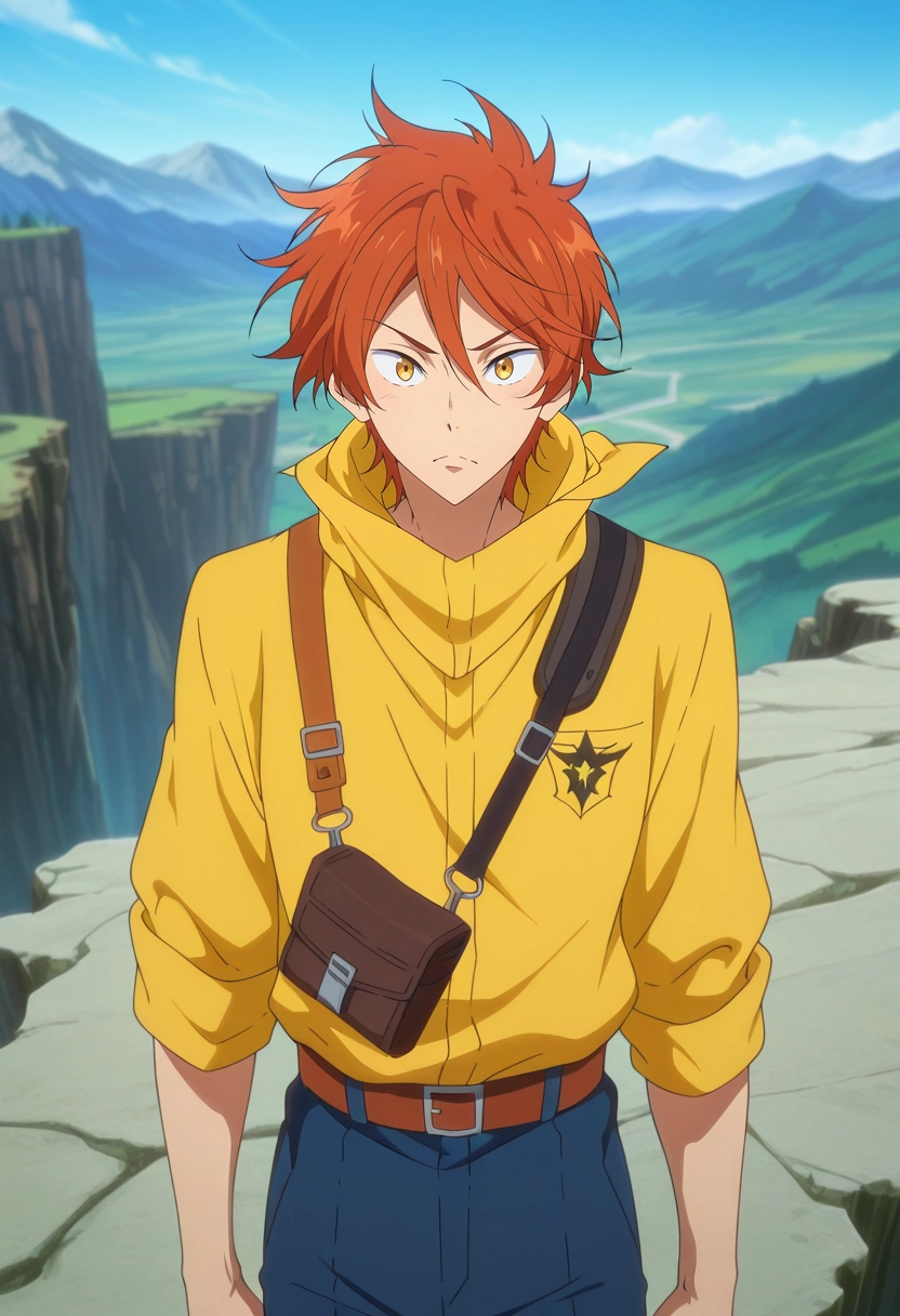 masterpiece, best quality, intricate details, anime screencap, anime coloring, official style, looking at viewer, 1boy, solo, male focus, <lora:momotarou_mikoshiba_ilxl:1>, momotarou_mikoshiba, orange hair, yellow eyes, mountain overlook, panoramic view, standing on cliff edge, wind tousling hair, adventurous expression, crisp light,