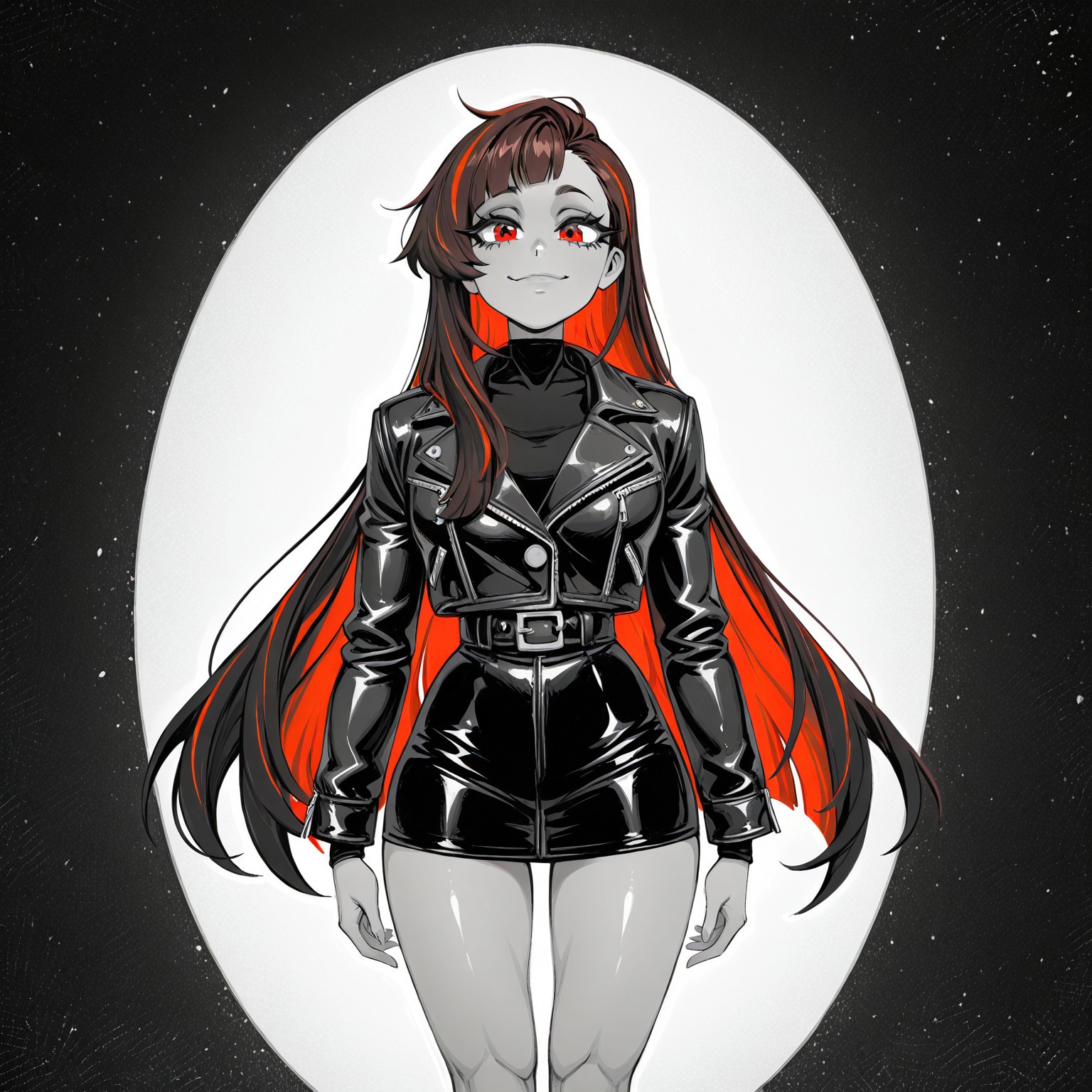 greyscale,monochrome,mcglam,1girl,solo,standing,long hair,brown hair,Red streaks, asimmetrical hair,Red eyes,eyelashes,smug,leather jacket,legs,anime girl,big eyes,black shirt,very long hair