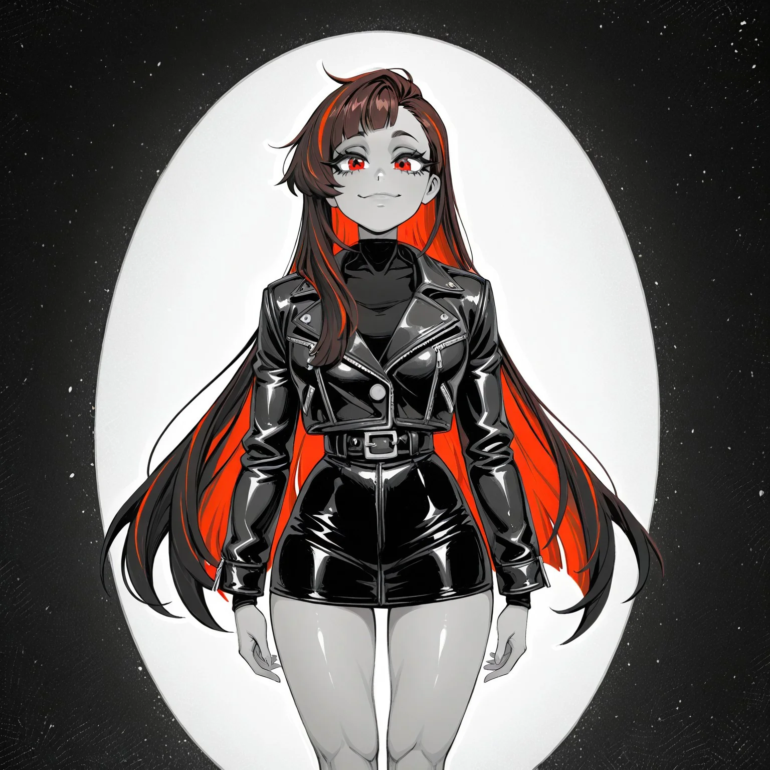 greyscale,monochrome,mcglam,1girl,solo,standing,long hair,brown hair,Red streaks, asimmetrical hair,Red eyes,eyelashes,smug,leather jacket,legs,anime girl,big eyes,black shirt,very long hair