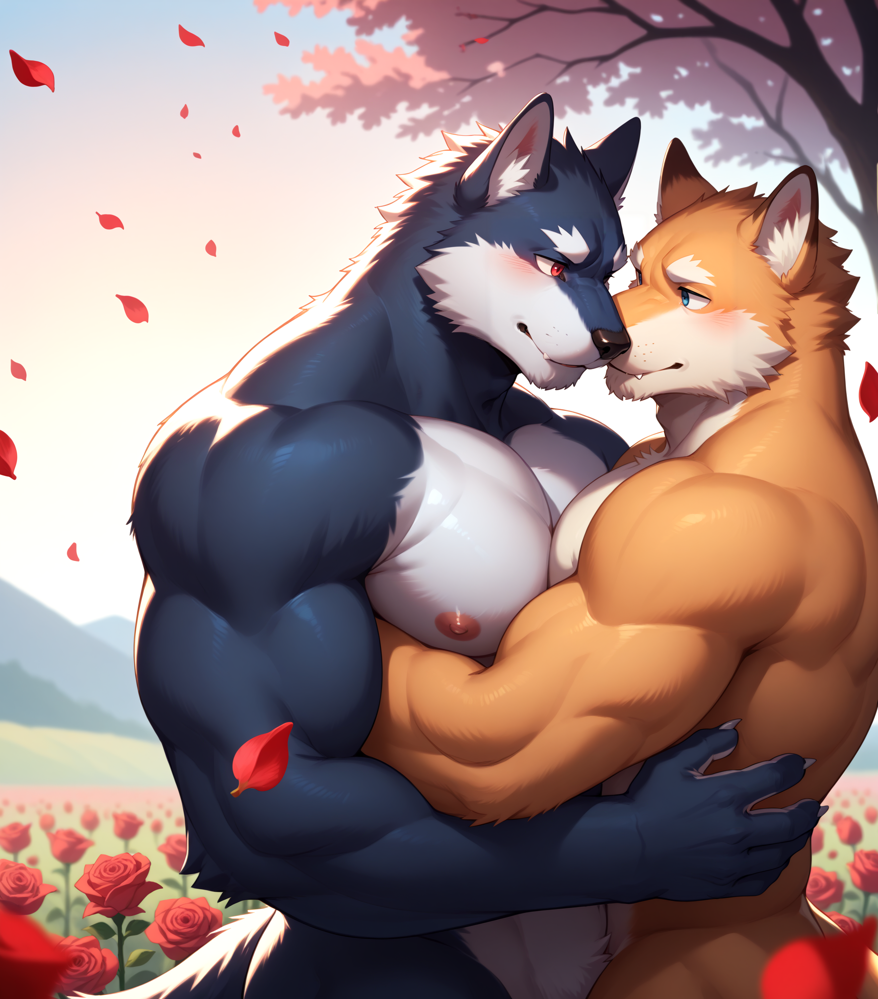 score_9,score_8_up,score_7_up,score_6_up,2furry,2kemono,high quality,Half body,tail,furry,rating_explicit,embedding:zPDXL3 BREAK anthro male furry,solo,Animation style,source_anime,(bara),huge Chest Muscles,perfect anatomy,
((2furry,2kemono)),in love,((couple)),((lover)),flower field,roses,(flying petals),(hugging each other),romance,cherish,true love,((pink) sunset),Look at each other,(Nose to Nose:0.2),chest to chest,perfect anatomy,face to face,SFW,claw,eyes details,details 5finger,details hand,