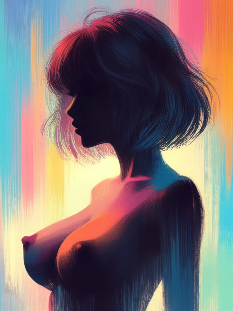 An animated painting in impressionistic style with bold brush strokes about the side silhouette of a beautiful woman with pretty eyes and shorter brown hair and large bare breasts with large nipples over a simple colorful background.