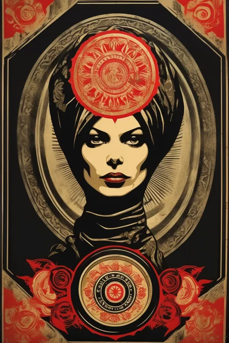 <lora:Shepard Fairey Style:1>Shepard Fairey Style - centered, black background, ultra realistic, Shepard Fairey style art