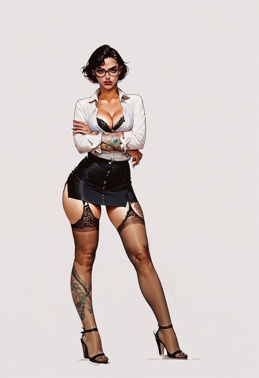 safe_pos, score_9, score_8_up, score_7_up, score_6_up, score_9, score_8_up, score_7_up, score_6_up, masterpiece,, perfect huge round butt, huge bubble butt, business_outfit, 1GIRL, SOLO, GLASSES, THIGHHIGHS, SKIRT, BREASTS, HIGH HEELS, CROSSED ARMS, GARTER STRAPS, UNDERWEAR, CLEAVAGE, TATTOO, SHIRT, LEG TATTOO, SHORT HAIR, LACE-TRIMMED LEGWEAR, BRA, WHITE SHIRT, 1GIRL, SOLO, GLASSES, THIGHHIGHS, SKIRT, BREASTS, HIGH HEELS,  GARTER STRAPS, UNDERWEAR, OFFICE LADY, CLEAVAGE, TATTOO, SHIRT,  SHORT HAIR, BRA, WHITE SHIRT,