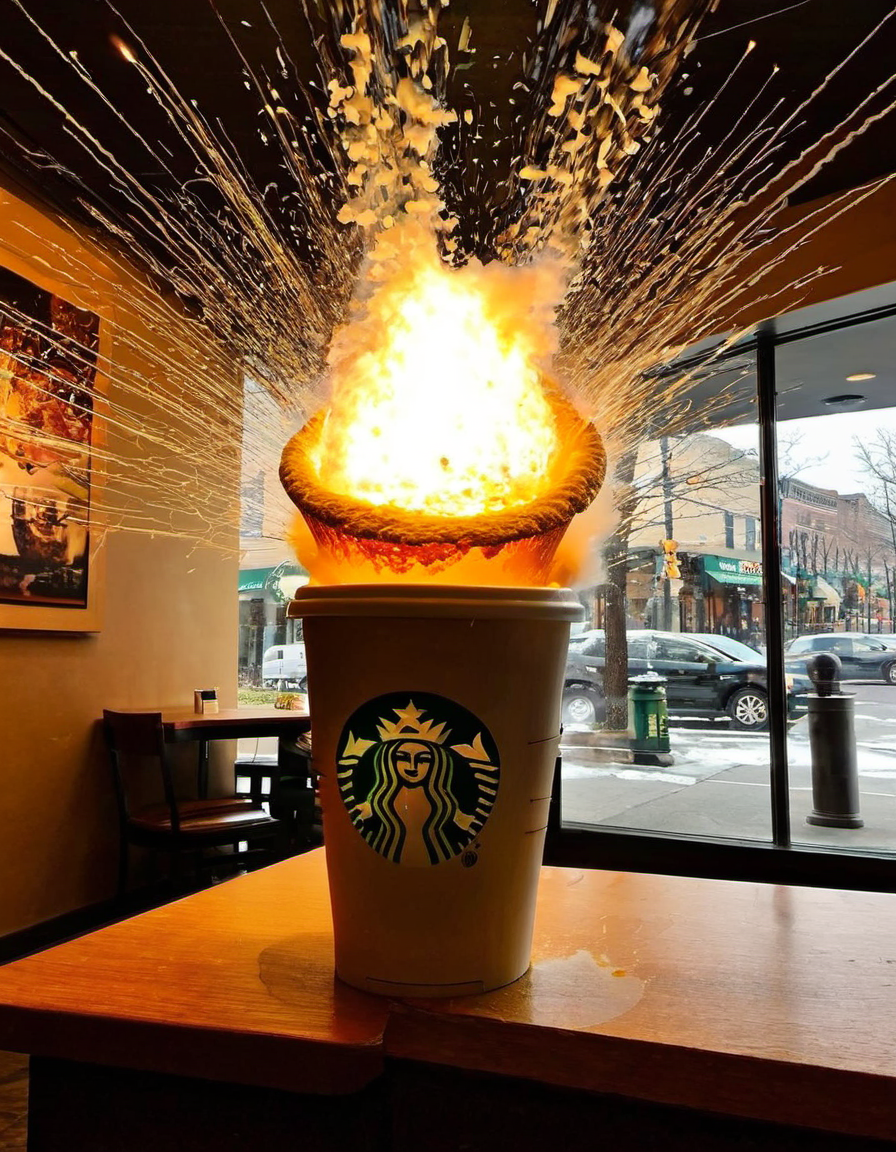 Explosion Artstyle coming from inside a starbucks coffee cup, overpriced, woke, surreal, disturbing, photorealistic, high resolution, beautiful, highest quality, masterpiece, highly detailed,  <lora:add-detail-xl:0.85> <lora:Explosion Artstyle - Trigger is Explosion Artstyle:1>
