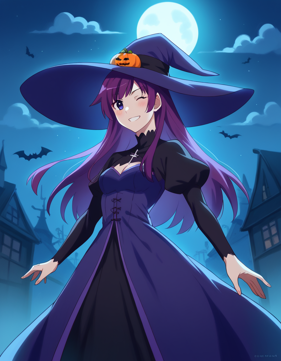 score_9, score_8_up, score_7_up, source_anime, hitagisenjougahara, <lora:hitagi-senjougahara-anime-ponyxl-lora-nochekaiser:1>, senjougahara hitagi, bangs, long hair, blue eyes, purple hair, medium breasts,, <lora:witch-ponyxl-lora-nochekaiser:1>, witch, hat, witch hat, dress, halloween, halloween costume, jewelry,, night, moon, blush, smile, one eye closed,, looking at viewer