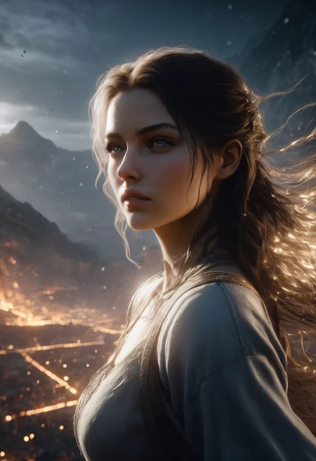 Minimalism, A character with an overhead view angle, lens flares, more dramatic lighting, deeper, a colder color grading, sweat, her expression is of fierce determination, 8k resolution, ultra HDR, and ghostly beauty. hourglass body with The image should reflect intricate details, raw photo quality, and a windy atmosphere. She is holding a sword in her hand. Make her wear shorts clothes. Add more realistic skin. Clear background. Make her more realistic. Remove motion blur. Make image quality same midjourney. Make image same concept game. Make her details and sharpness. Make her skin natural. Concept art portrait by Gottfried Helnwein. Add more graphics quality of Unreal Engine 5.