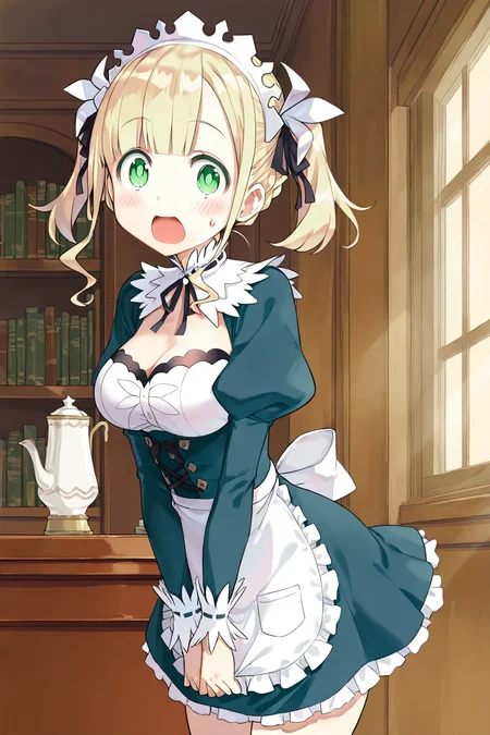 <lora:CURA IL:0.7>,ellie walker,green eyes,blonde hair,ribbon,twintails,short hair,hair ribbon,medium breasts,maid headdress,cowboy shot,waist apron,, 1girl,masterpiece,best quality,amazing quality,very aesthetic,absurdres,newest,8K,prefect face, uncensored,, surprised,open mouth, looking at viewer,