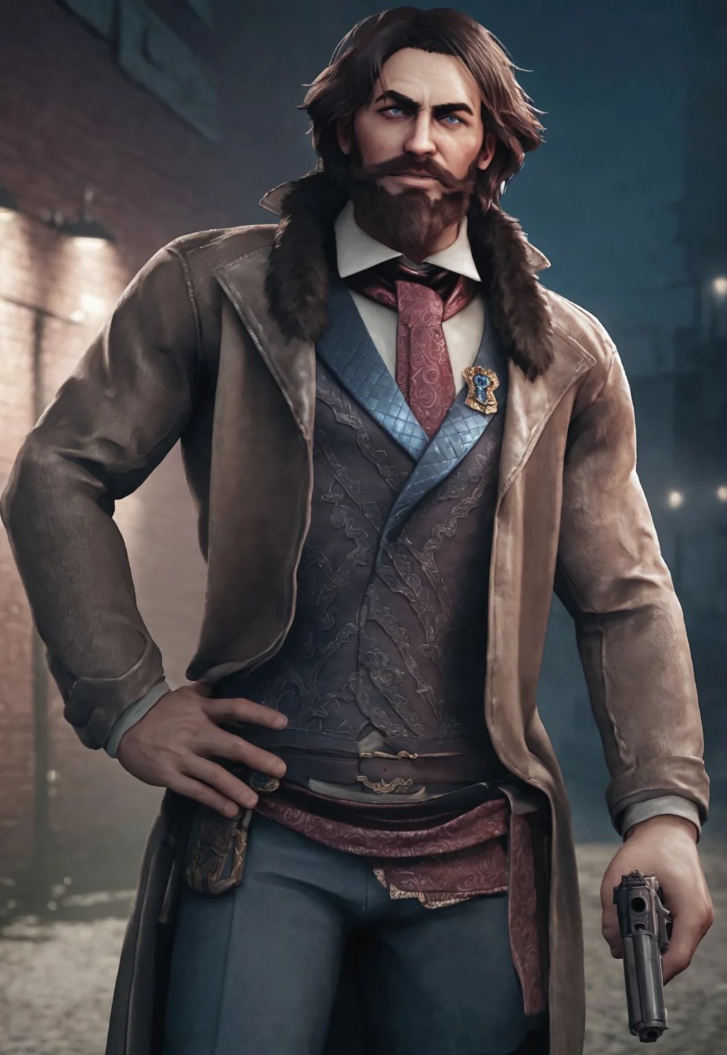 score_9, score_8_up, WiktorSzulski, cartoon, medium hair, brown hair, blue eyes, beard, mustache, mature male, muscular, fur trim, brown trench coat, red cravat, white collared shirt, vest, brooch, belt, pale dark-blue pants, book on hip, looking at viewer, grin, dynamic pose, detailed background, dutch angle, upper body, cowboy shot, alley, lamppost, night, below view, hands on hip, holding a gun,