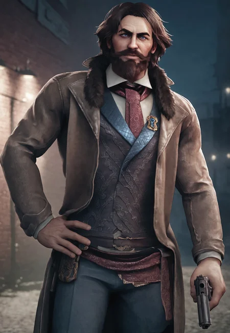 score_9, score_8_up, WiktorSzulski, cartoon, medium hair, brown hair, blue eyes, beard, mustache, mature male, muscular, fur trim, brown trench coat, red cravat, white collared shirt, vest, brooch, belt, pale dark-blue pants, book on hip, looking at viewer, grin, dynamic pose, detailed background, dutch angle, upper body, cowboy shot, alley, lamppost, night, below view, hands on hip, holding a gun,