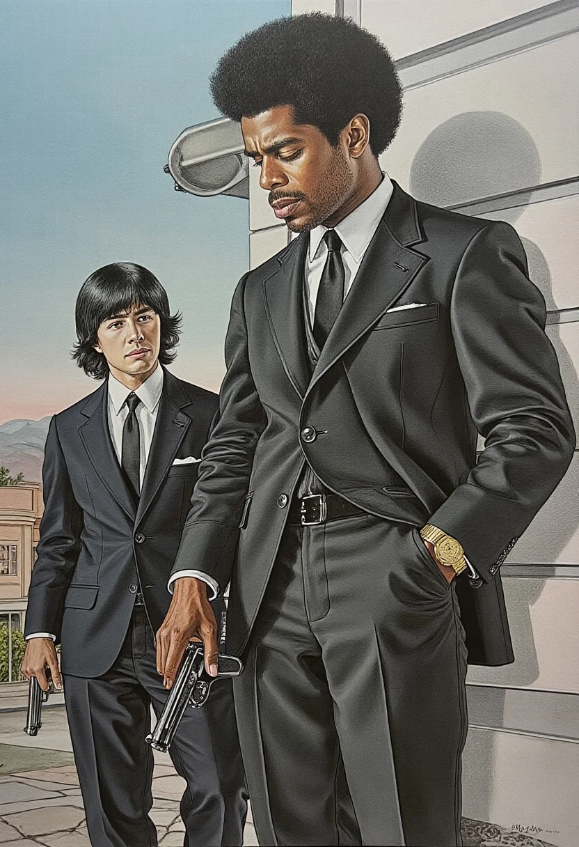 w1z_dreamy_vista style illustration, soft color pencil drawing, high detail, warm analog tones, subtle gradients — artwork. A stylized reinterpretation of an iconic scene from the 1994 film Pulp Fiction, rendered in soft colored pencil with delicate texture and dreamlike hues. Two male figures in crisp black suits and white shirts stand under a pastel blue sky, their outlines gently blurred for a hazy, nostalgic effect. On the right, Jules Winnfield — a tall, dark-skinned man with a thick afro — holds a pistol in both hands, aimed downward, his posture firm yet relaxed. A gold watch glints softly on his wrist, captured with minimal sheen. To the left, Vincent Vega, a fair-skinned man with long, straight dark hair, tilts his head up toward Jules with a curious blend of unease and humor, his face partially turned away from the viewer. He holds a pistol loosely in one hand, also directed toward the ground. The soft pencil strokes subtly trace the urban backdrop, with light sketchwork suggesting the corner of a building behind them. Gentle sunlight spills across their forms, casting pale highlights over fabric folds and cheekbones, infusing the composition with a quiet, cinematic reverence. Mood: calm intensity with vintage allure.