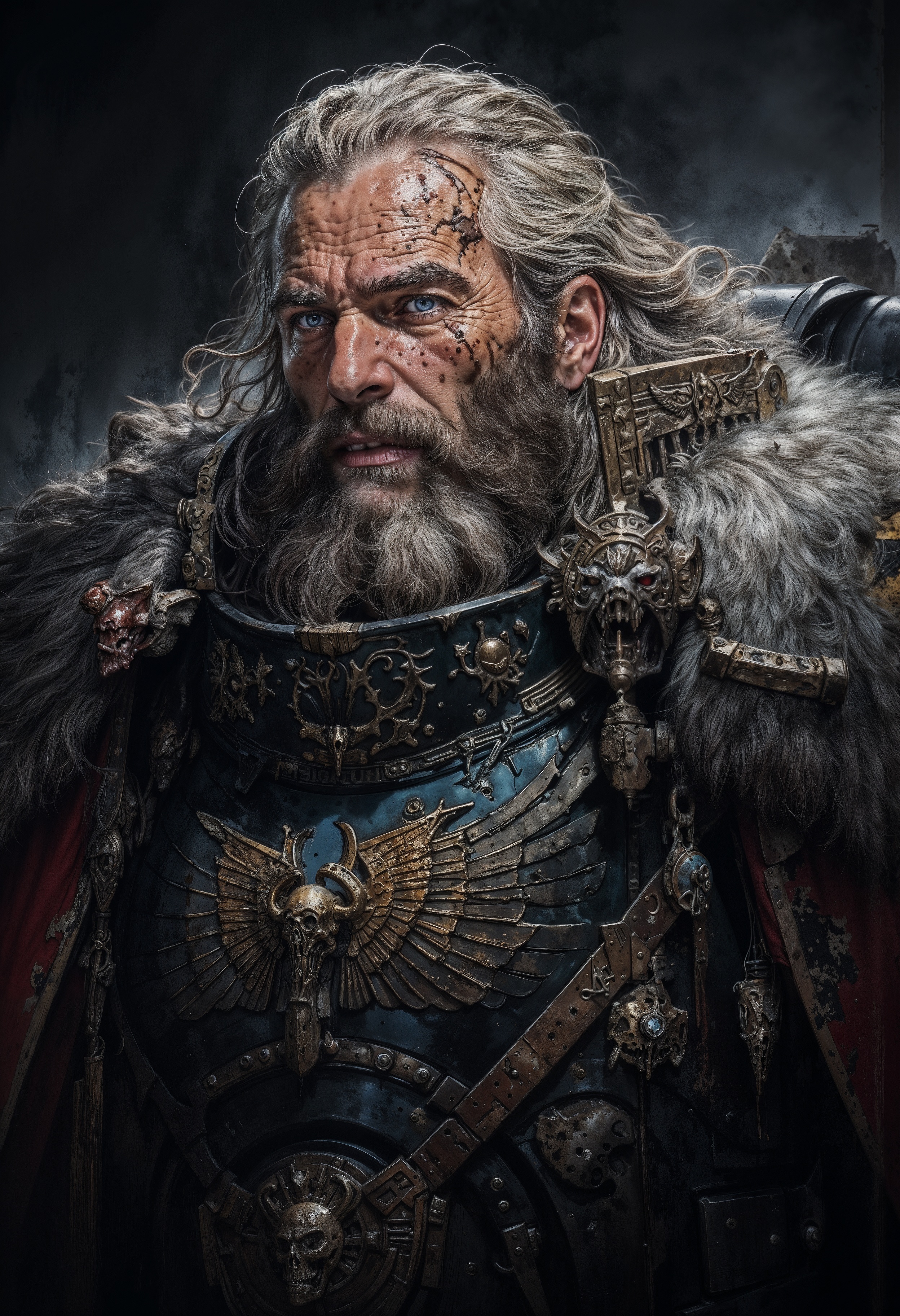 Highly detailed and realistic fantasy character in a dramatic shot. Epic cinematic depiction of a very old Paladin in full SpaceW40K power armor. He is bearded and his hair is going grey.  <lora:FluxSpaceW40K:1>  <lora:FluxMythP0rtr4itStyle:0.5>  <lora:sxz-Dark-Fantasy-v2-Flux:0.5>  <lora:flux_realism_lora:0.8>