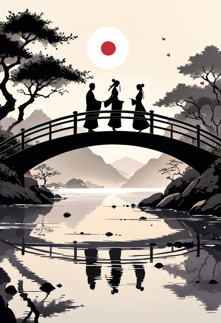 In traditional Japanese ink brush style, Queqiao is depicted as a simple, elegant bridge. Silhouetted figures face each other from opposite ends, evoking the ancient tale of love tied to Qixi, all framed by minimal splashes of black ink
