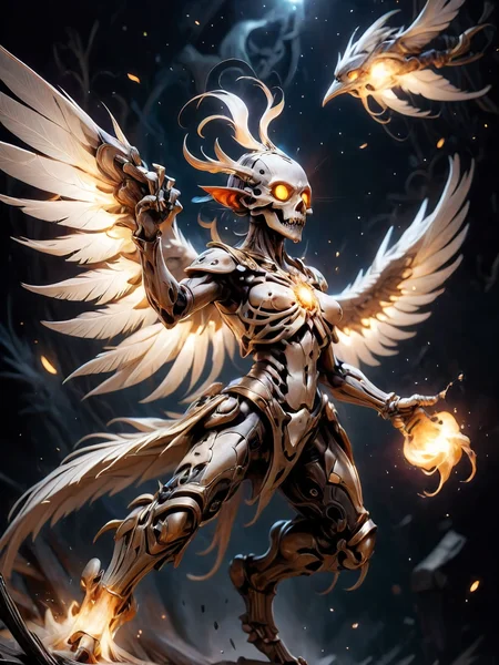 (Mecha:0.3) Skeletal fire infused (raven:1.3) flies through the night sky, behind it scatter (trypophobic feathers:1.4), druidic style magic